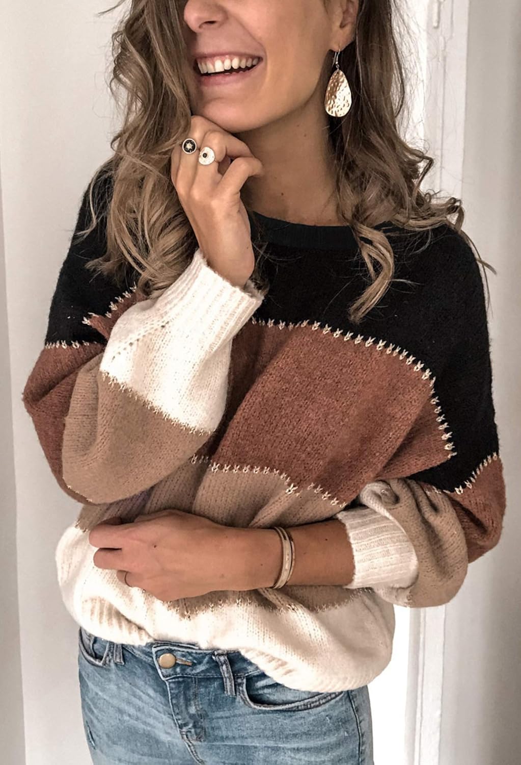 Angashion Women's Sweaters Casual Long Sleeve Crewneck Color Block Patchwork Pullover Knit Sweater Tops: Clothing
