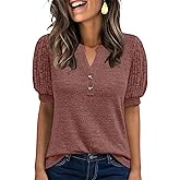 ANRABESS Women's Tops Puff Short Sleeve Henley Shirt Dressy Casual Blouses Summer Sweater 2026 Spring Business Cute Tunics