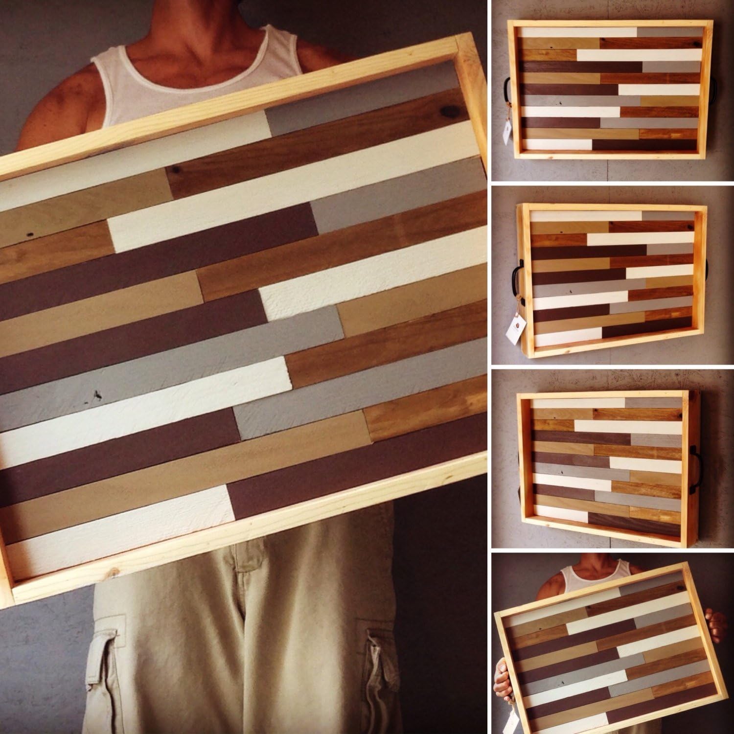 Wood Abstract Serving Tray with Handles, Rustic Abstract Serving Tray with Handles, Reclaimed Abstract Serving Tray with Handles by Pallodds