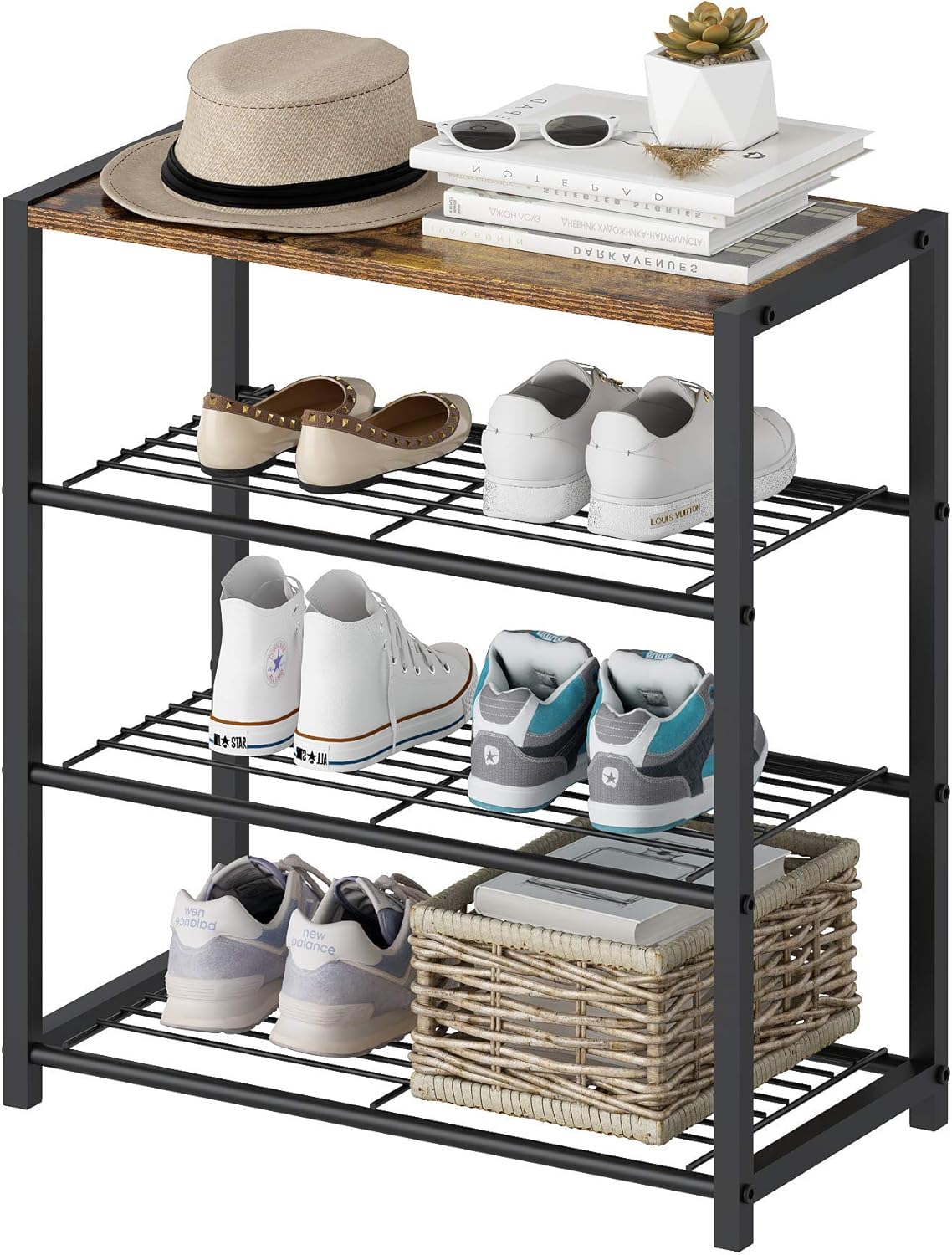 4 tier metal shoe rack on Amazon Com Yusong Shoe Rack 4 Tier Metal Shoe Rack With Mdf Top Board Modern Shoe Storage Organizer With 3 Metal Mesh Shelves Each Tier Fits 3 Pairs Of Shoes For Entryway Rustic Brown Home Improvement