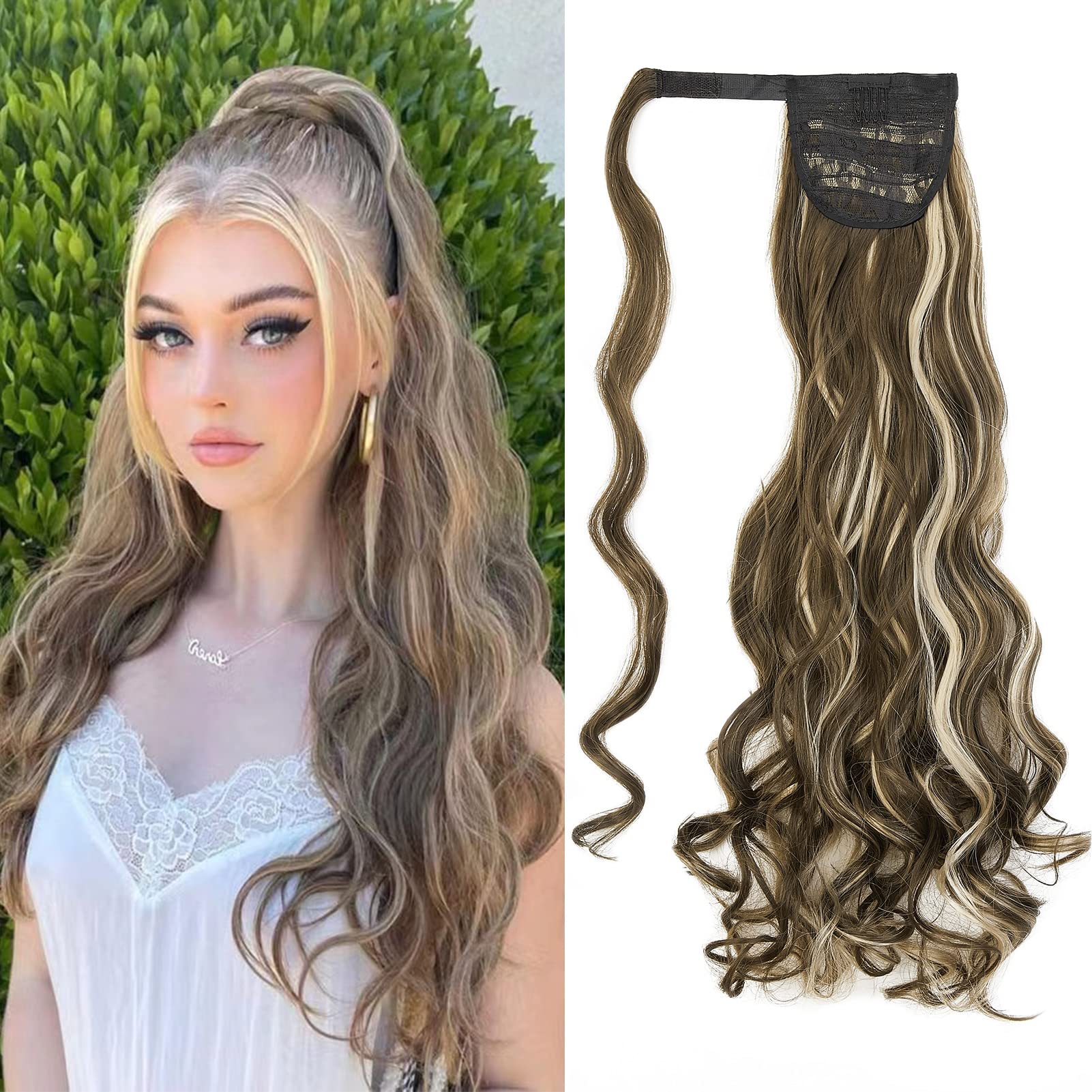 Gairyan Long Curly Ponytail Extension Wrap Around Clip in Ponytail Hair Extensions Wavy 24 inch Synthetic Hairpieces for Women Real Natural Look Wave (Ash Blonde & Dirty Blonde)