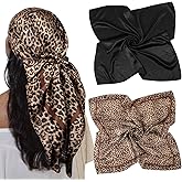 AWAYTR 35” Large Satin Square Head Scarf - 2Pcs Silk Like Floral Head Scarves Square Satin Hair Scarf Bandanas for Women