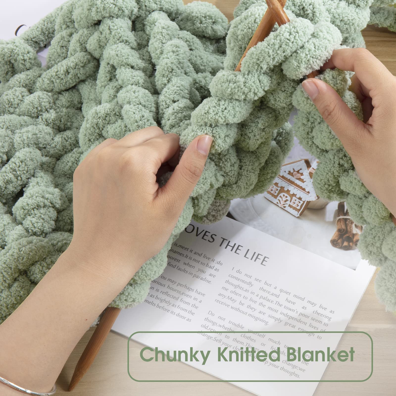 HOMBYS Sage Green Chunky Chenille Yarn for Crocheting, Bulky Thick Fluffy Yarn for Knitting,Super Bulky Chunky Yarn for Hand Knitting Blanket, Soft Plush, 8 Jumbo Pack (27 yds,8 oz Each Skein)