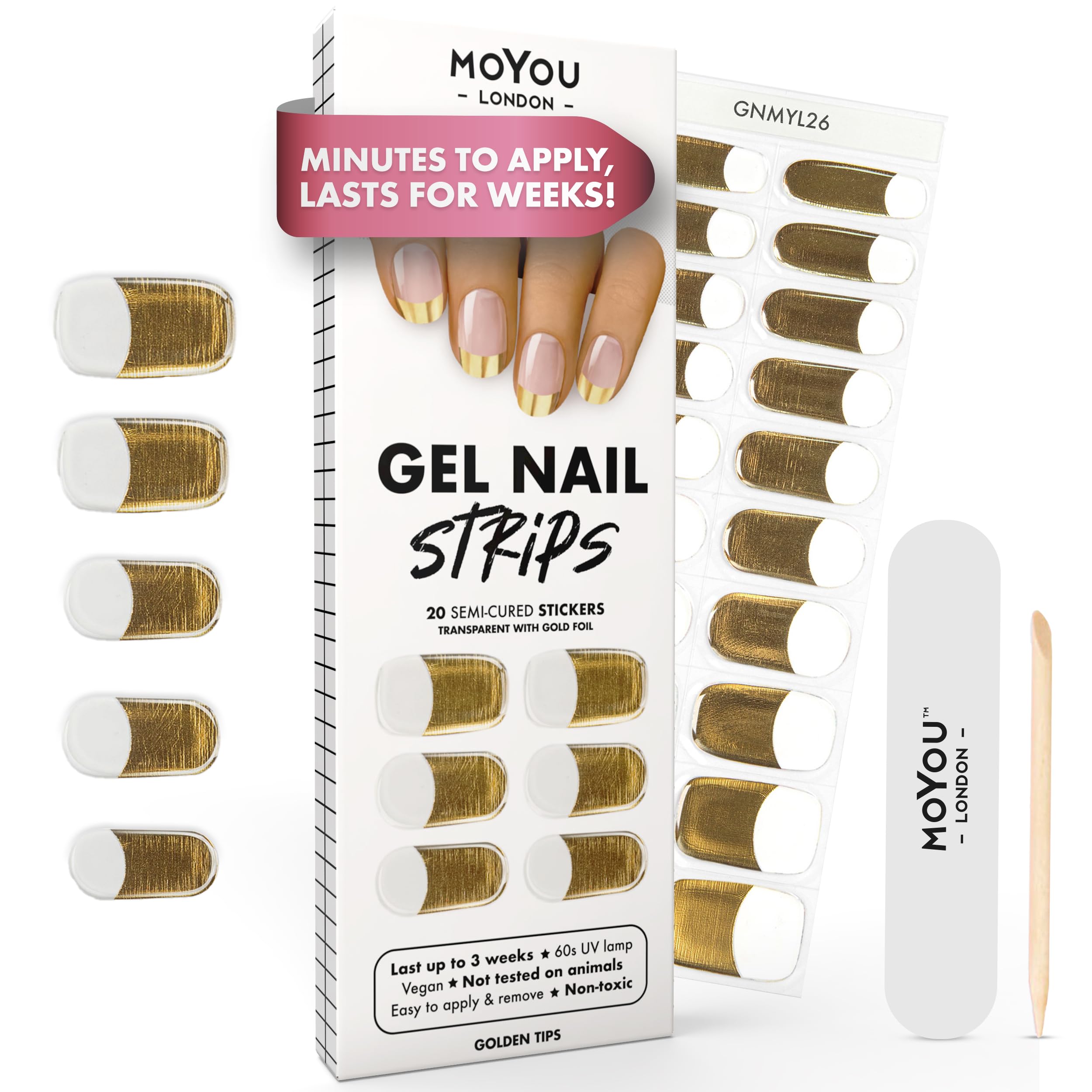 MOYOU LONDON Semi Cured Gel Nail Strips - 20 Pcs. Waterproof Gel Nail Wraps, Cures in Sunlight or UV/LED Lamp, Lasts Up to 2+ Weeks, Stretchable, Easy to Apply & Remove, Vegan & Cruelty-Free — image 1