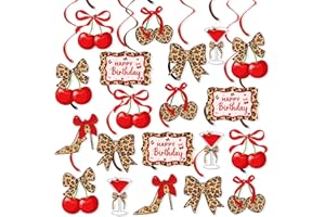 K KUMEED 20PCS Cherry Cheetah Print Party Decorations,Leopard and Bow Hanging Swirls Decor Happy Birthday Theme Foil Swirls C