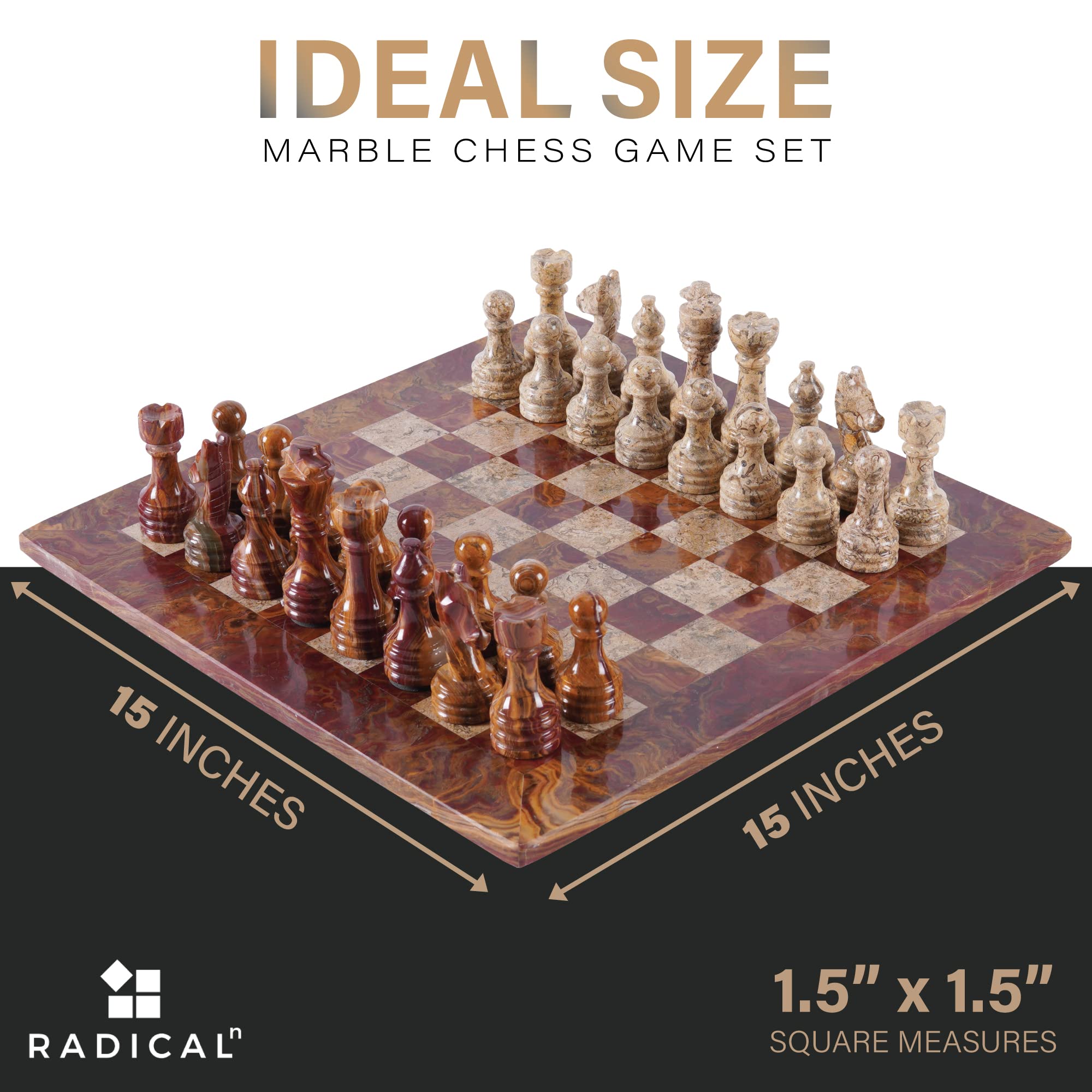 Radicaln Marble Chess Set 15 Inches Red & Coral Handmade Chess Sets 2 Player Games for Adults - 1 Chess Board & 32 Chess Pieces - Outdoor Games for Adults and Family