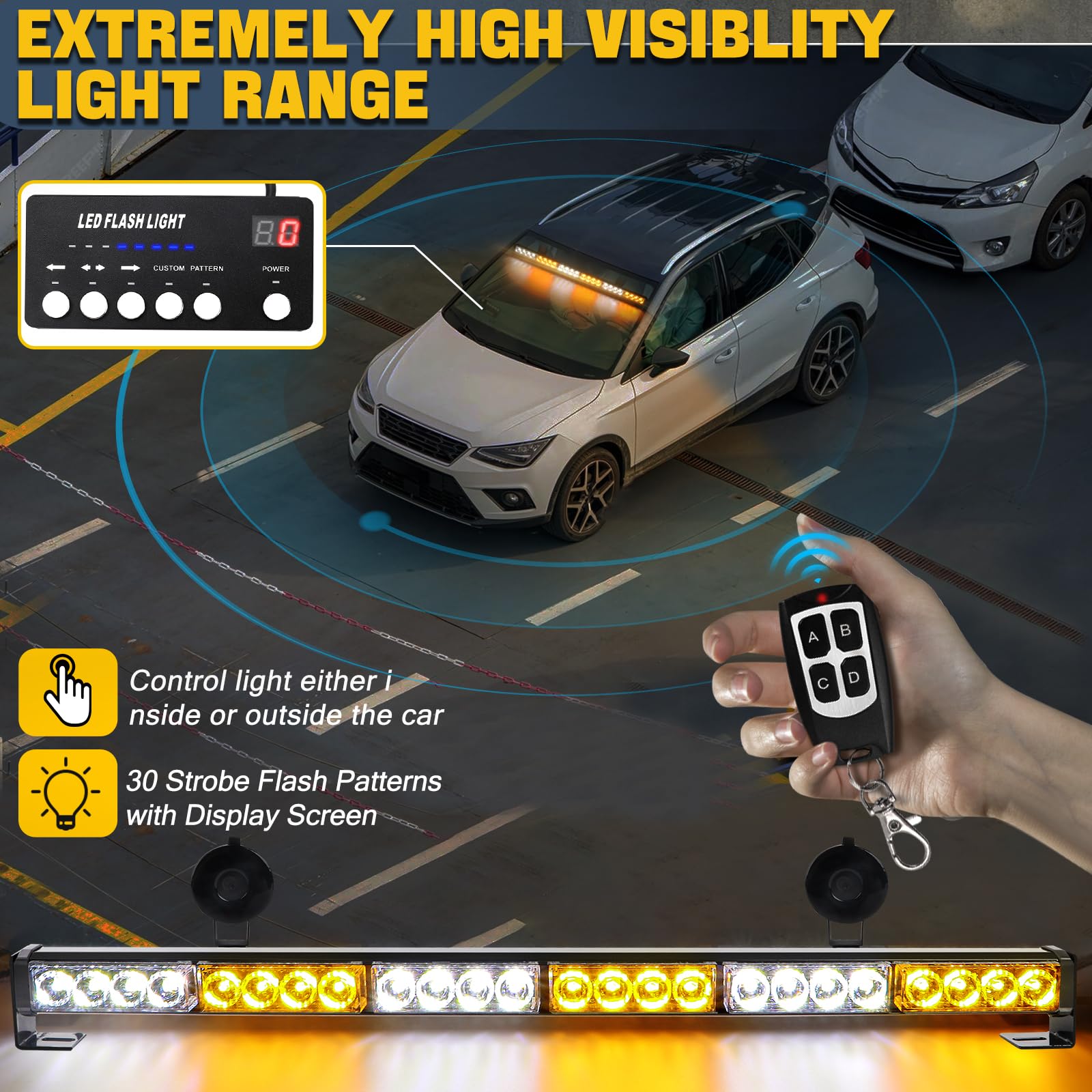 Traffic Advisor Strobe Lights Bar Emergency Warning Strobe Flash Visor Lights for Vehicles Trucks Suction Bracket 27 Inch 6 Panel Led Wireless Remote Control Amber and White