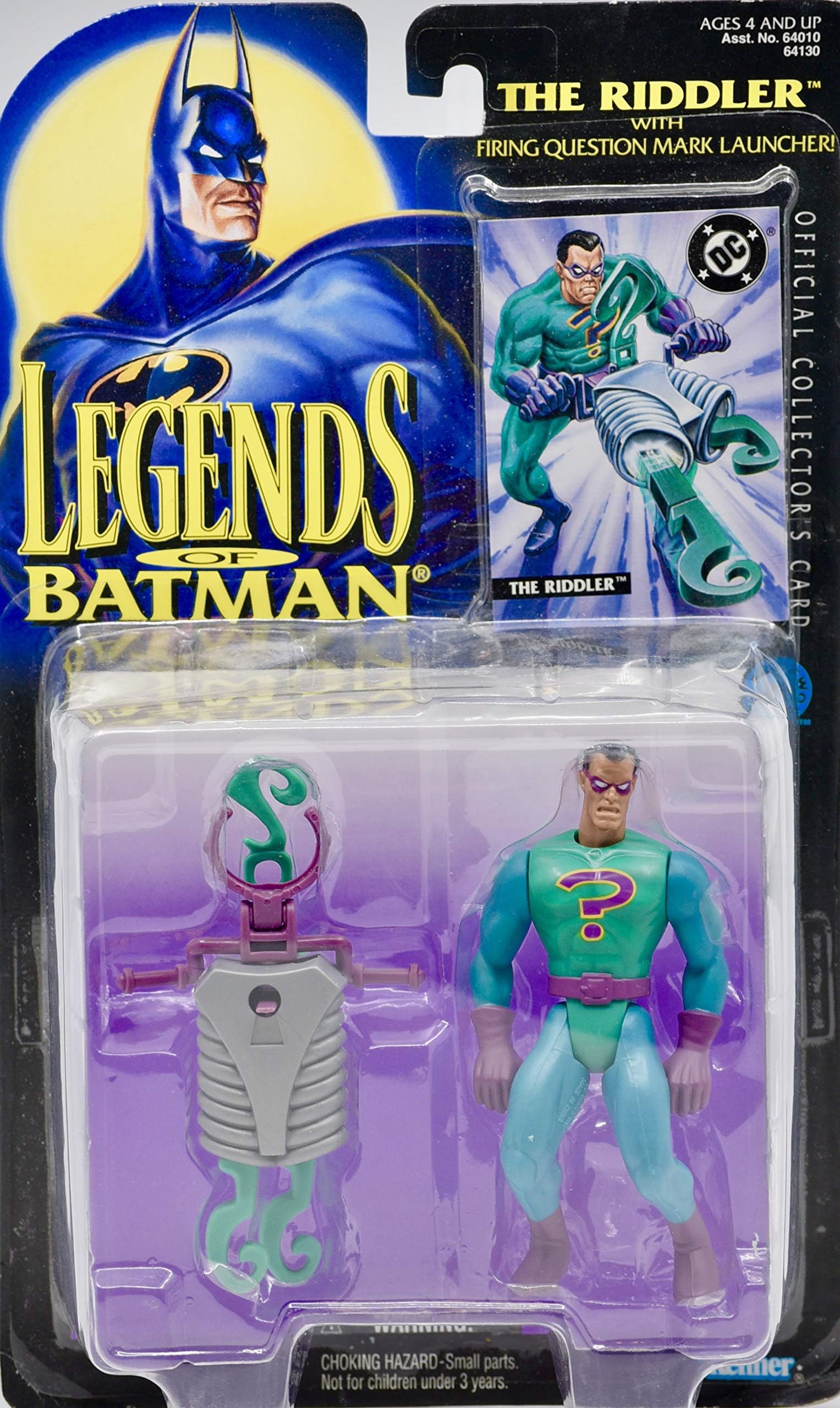 Legends of Batman 1995 - Kenner / DC Comics The Riddler Action Figure - w/ Firing Question Mark Launcher - DC Official Collector Card - Collector Perfect - Mint