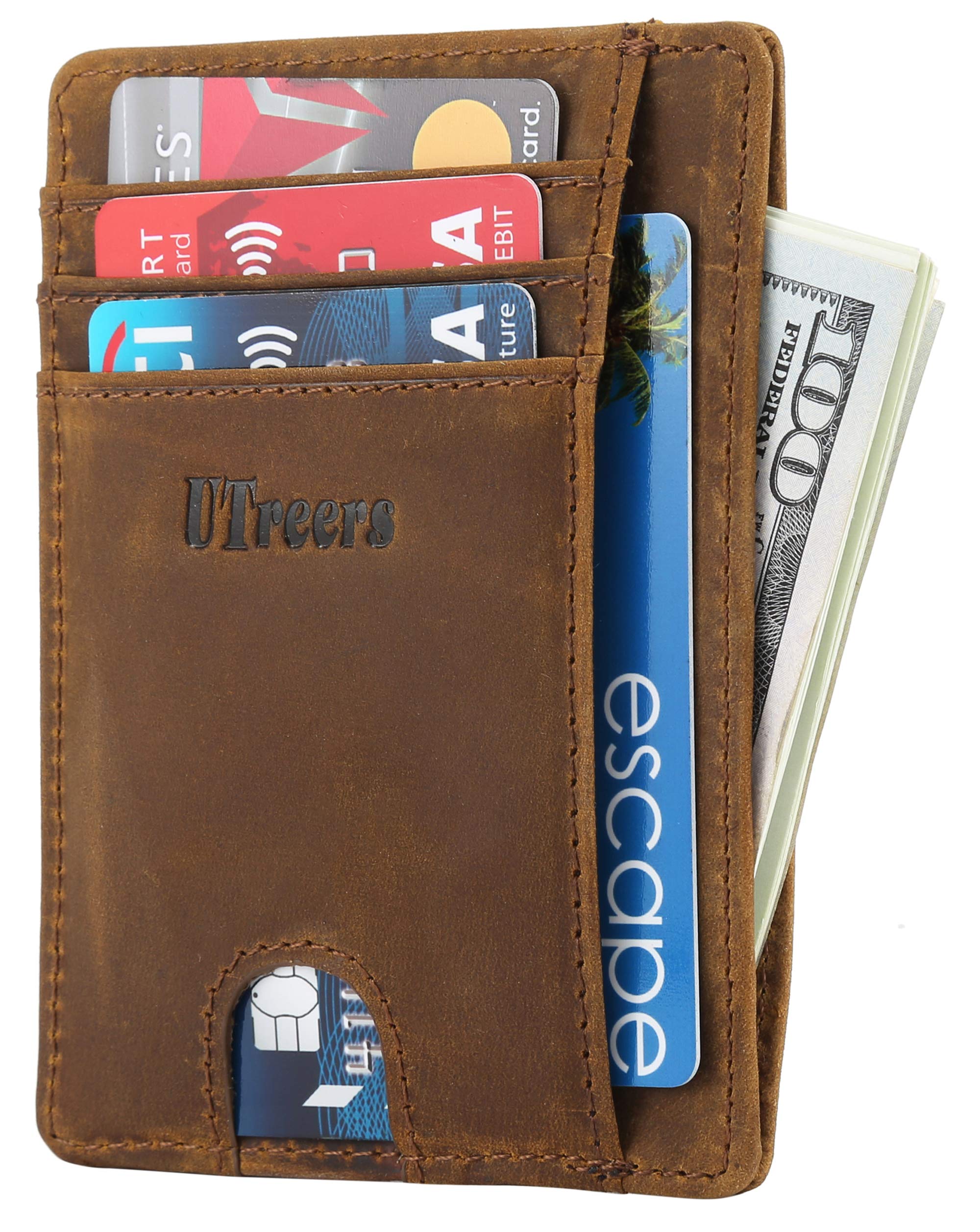Minimalist Card Wallet Slim RFID Front Pocket Wallet for Men&Women Thin Credit Card Holder … (Crazy Horse Brown(Finger Cutout))