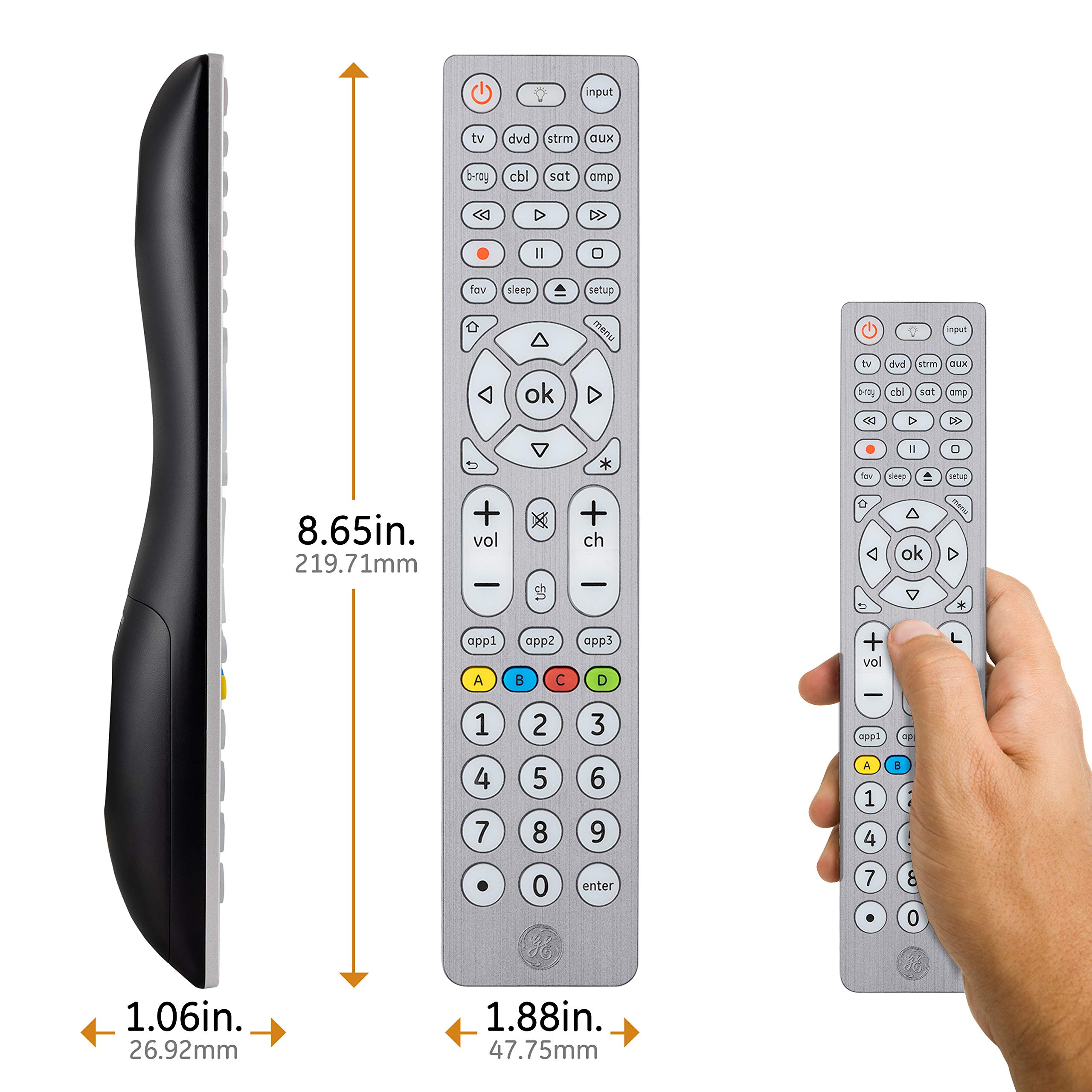 GE Backlit Buttons Universal Remote Control, Samsung TV Remote Control Replacement, Samsung Remote Control for Smart TV, Roku Remote Replacement, Vizio, LG TV, Sony, Apple TV, 8-Device, Silver, 47508