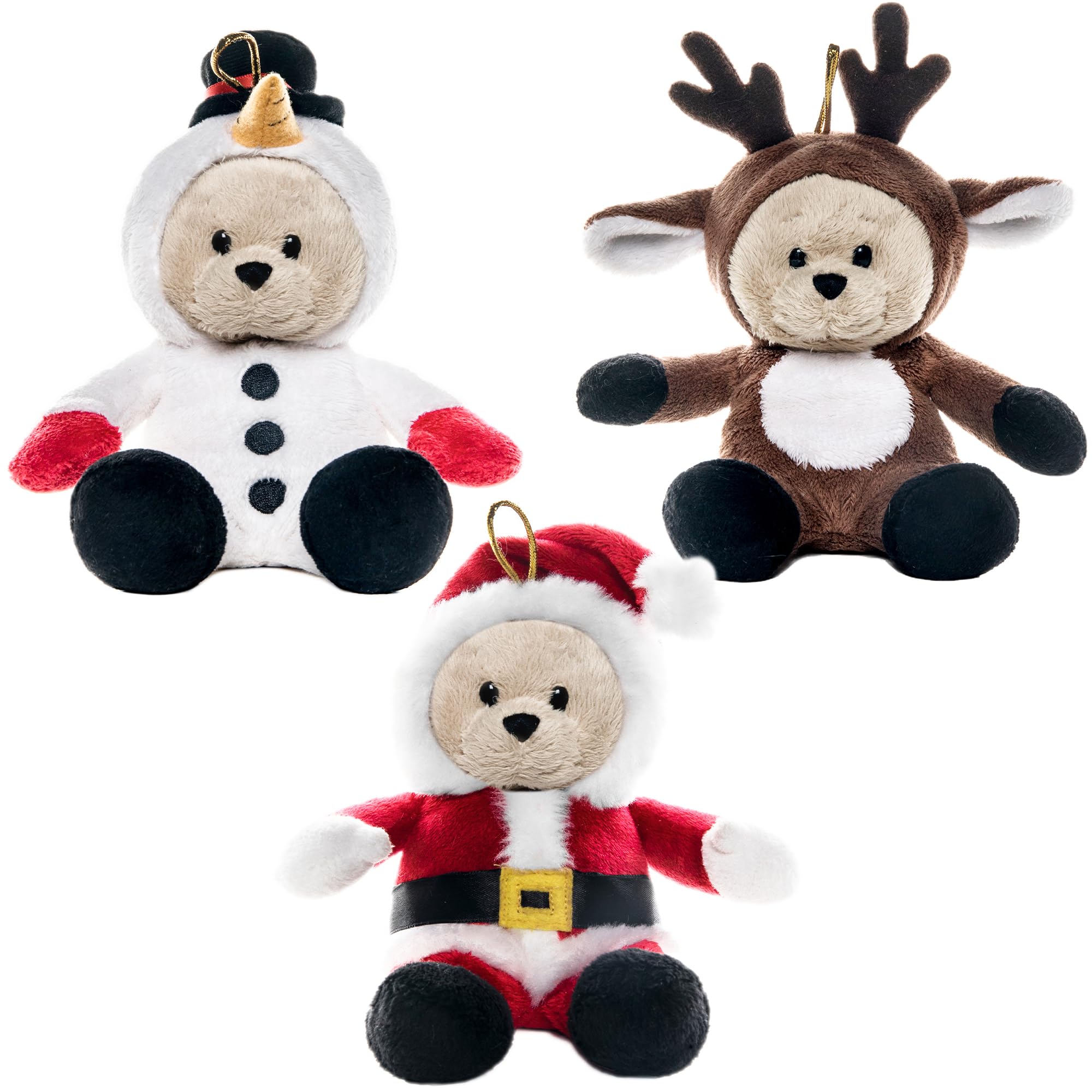 My OLi 7 Inch Christmas Teddy Bears 3 Pack, Santa Reindeer Snowman Plush with Flip-Top Hats, Xmas Tree Hanging Ornaments, for Kids & Family