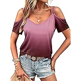 LilyCoco Womens Cold Should Tops Summer Ombre Sexy V Neck Short Sleeve T Shirt