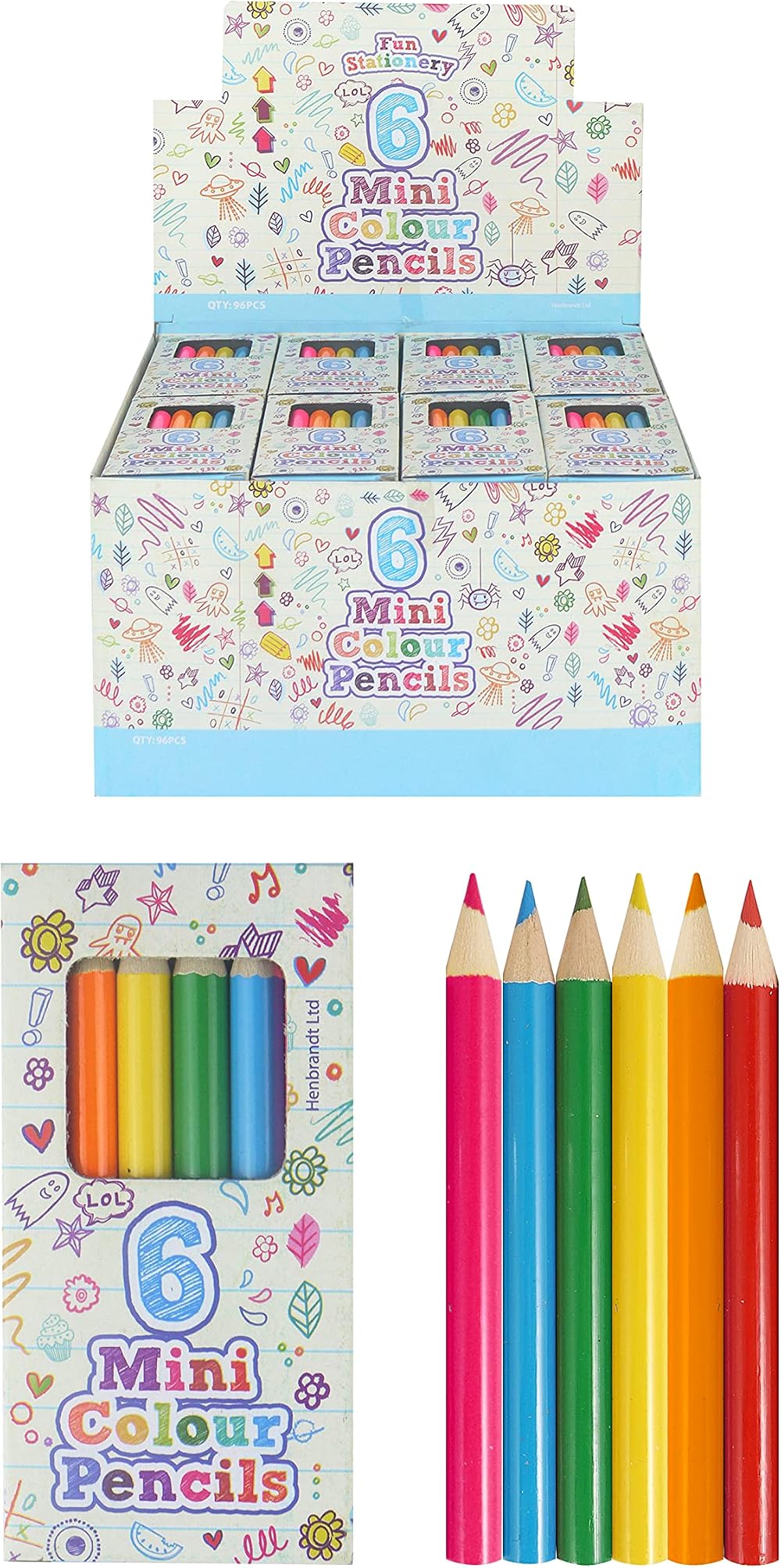 HENBRANDT Mini Colouring Pencils Pack of 6 Assorted Kids Party Favours Stocking
