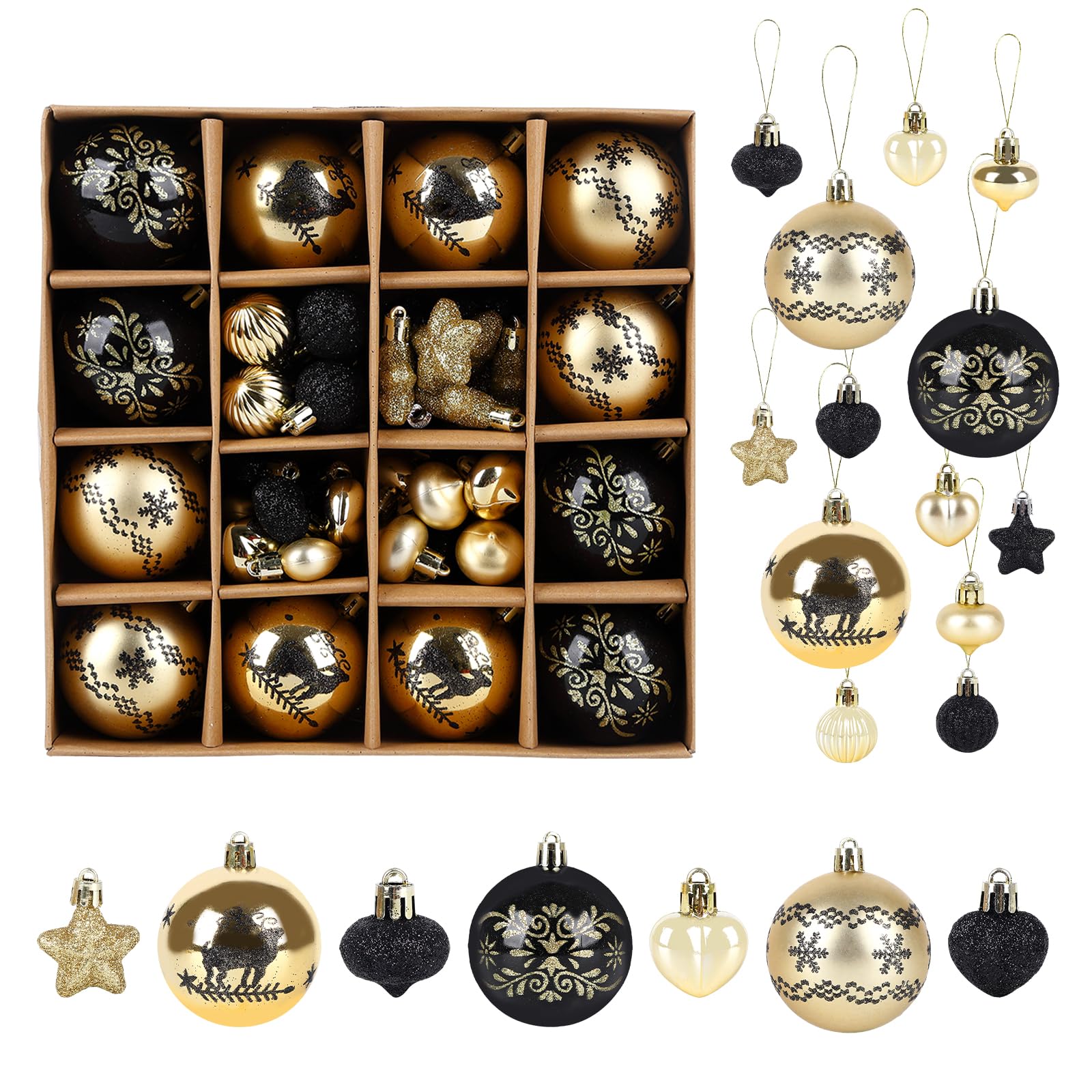 Hileyu 52 PCS Black & Gold Christmas Ball Knit Tree Decoration Set - Durable Hanging Ornaments for Indoor Creative Winter Party Supplies