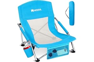 AKSOUL Folding Beach Chair for Adults: Low/High Back Chairs with Carry Bag - Extra Wide Seat Chair with Comfortable Pillow & Storage Pocket (1 Pack & 2 Pack, Blue)