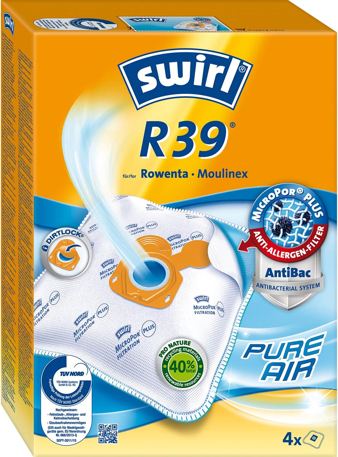 Swirl Fleece Vacuum Cleaner Bags R 39 - for Rowenta and Moulinex Vacuum Cleaners Pack of 4, Natural