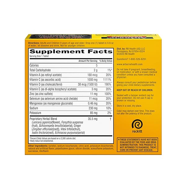 AIRBORNE 1000MG VITAMIN C WITH VITAMIN D & ZINC, SUGAR FREE MULTIVITAMIN IMMUNE SUPPORT SUPPLEMENT, ANTIOXIDANTS VITAMINS A C & VITAMIN E, 30 EFFERVESCENT TABLETS, ZESTY ORANGE FLAVOR