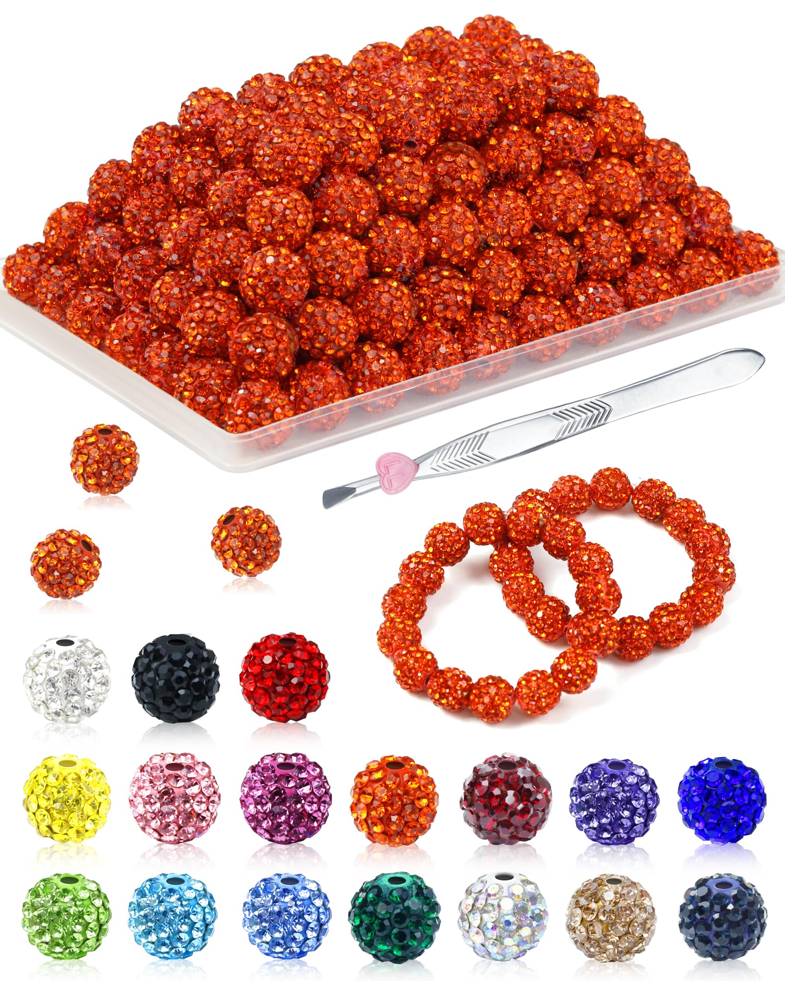 Photo 1 of 120PCS FIVEIZERO Rhinestone Beads for Jewelry Making, 10mm Orange Shiny Round Sparkle Crystal Clay Bead Bulk Sparkly Baseball Necklace Beads for Bracelets and DIY Crafts