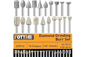 FOTYBEI 46-Grit and 120-Grit Diamond Grinding Burr Bits Set 1/8" Shank Compatible with Dremel Rotary Tool, 20Pcs Attachment Accessories Carving Burrs for Polishing, Grinding, Carving on Glass, Ceramic, Stone
