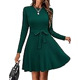 HOTOUCH Women's Fall Winter Casual Dress Crewneck Long Sleeve A-Line Sweater Dress Bodycon Ribbed Knit Dress with Belt