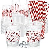 Whaline 50 Pcs Christmas Disposable Plastic Cups with Lids and Straws 12 Oz Red Candy Cane Stripe Design Cold Beverage Drinking Cups for Xmas Holiday Party Supplies
