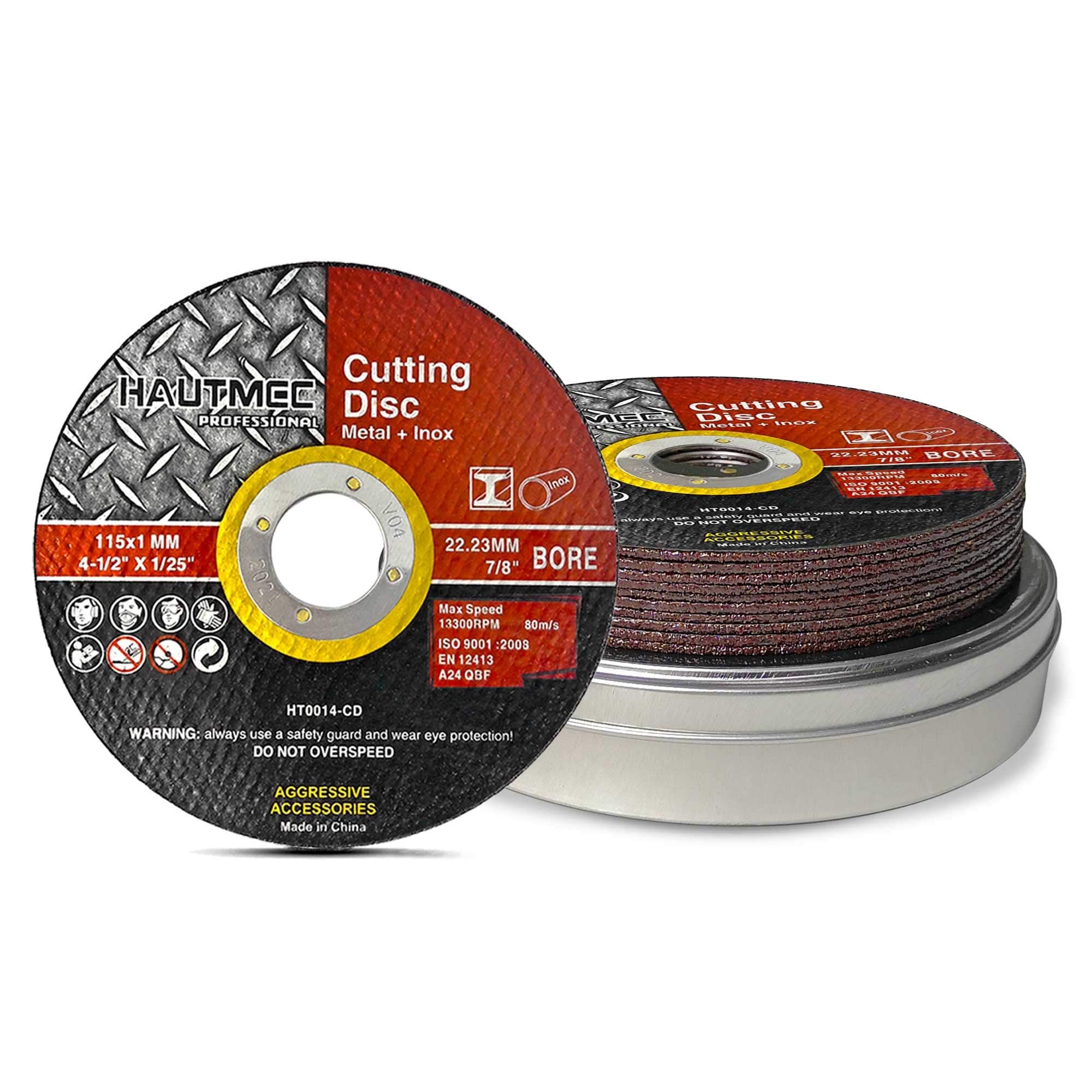 HAUTMEC Expert-Grade Metal Cutting Discs 115 X 1.0 X 22.23mm, 10 Pack Cut-Off Wheels with Premium Aluminium Oxide Abrasive, Portable Tin Box, MPA Certified, Aggressive Ultra Thin Design - HT0014