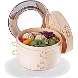 Bamboo Steamer 10 Inch 2 Tier Wooden Basket With Handle, Ring Adapter, Reusable Silicone Liner, Kit For Cooking Dumpling Baby
