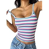 PRETTYGARDEN Women Summer Crop Tops Sleeveless Spaghetti Strap Tank Striped Cami Knit Y2K Clothes Slim Fit Spring Shirts