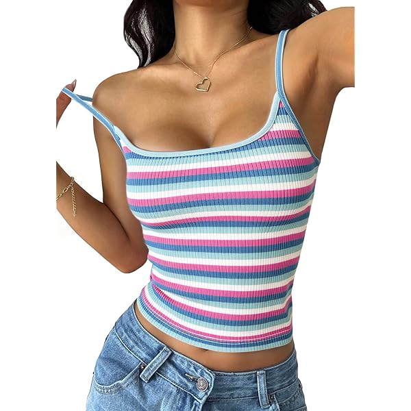 Milumia Women Casual Rainbow Striped Ribbed Knit Cami Top