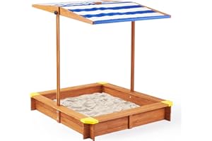 SOLIWOOD Kid's Sandbox with Cover, 46''x46'' Outdoor Wooden Sandpit w/Adjustable Canopy for Backyard Play