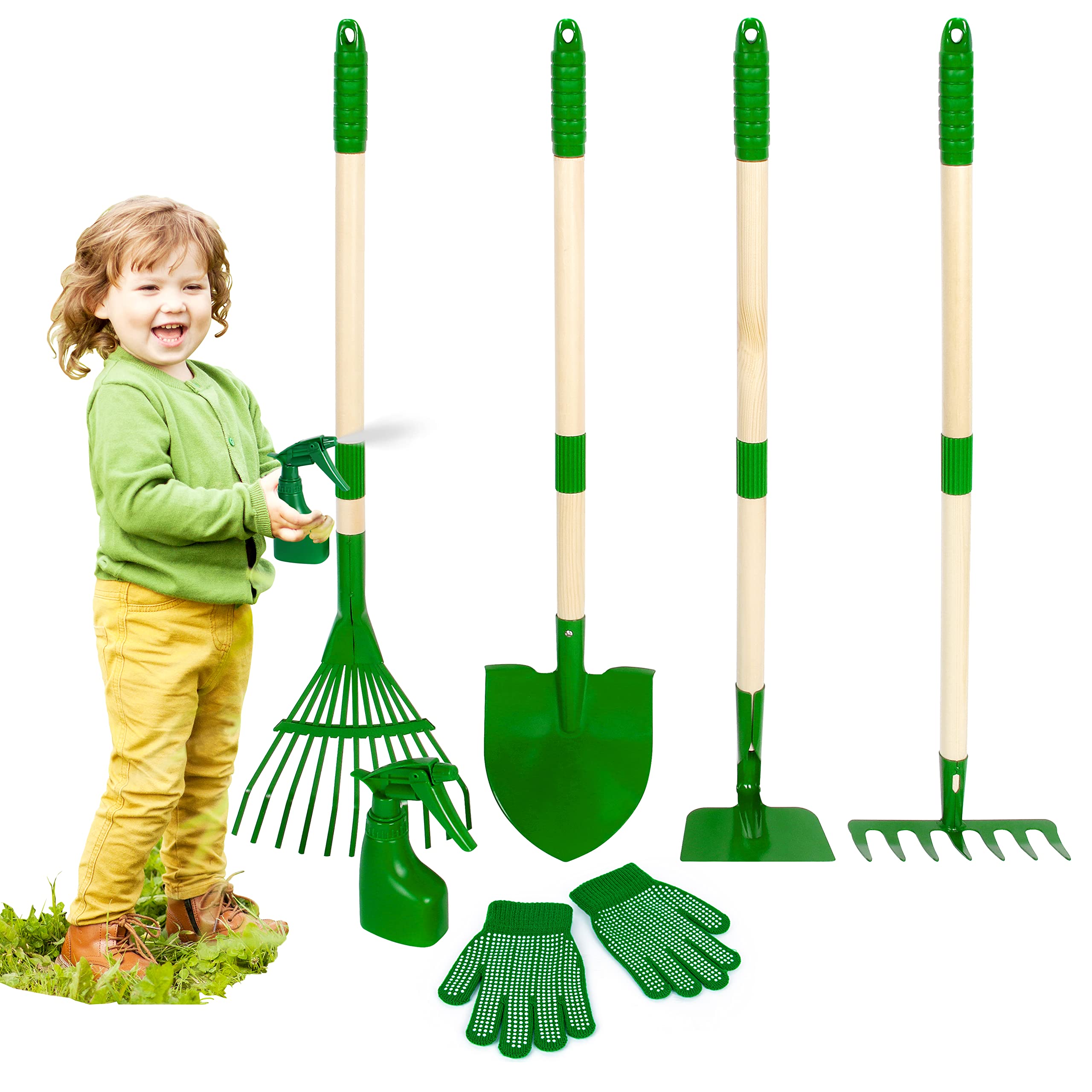 Duckura Kids Gardening Tools Set - 7pcs Garden Tool for Kids with Shovel, Rake, Hoe, Leaf Rake, Outdoor Summer Yard Lawn Digging Weed Toys, Christmas Birthday Gifts for Boys Girls Age 3 4 5 Years Old Image