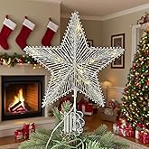 ZZZ TYLOO 11 Inch Silver Star Christmas Tree Topper, 15 LED Lighted, Metal Frame with Hand-Woven Shiny Silver PVC, Clip-On Base, Xmas Star Tree Decoration for Home