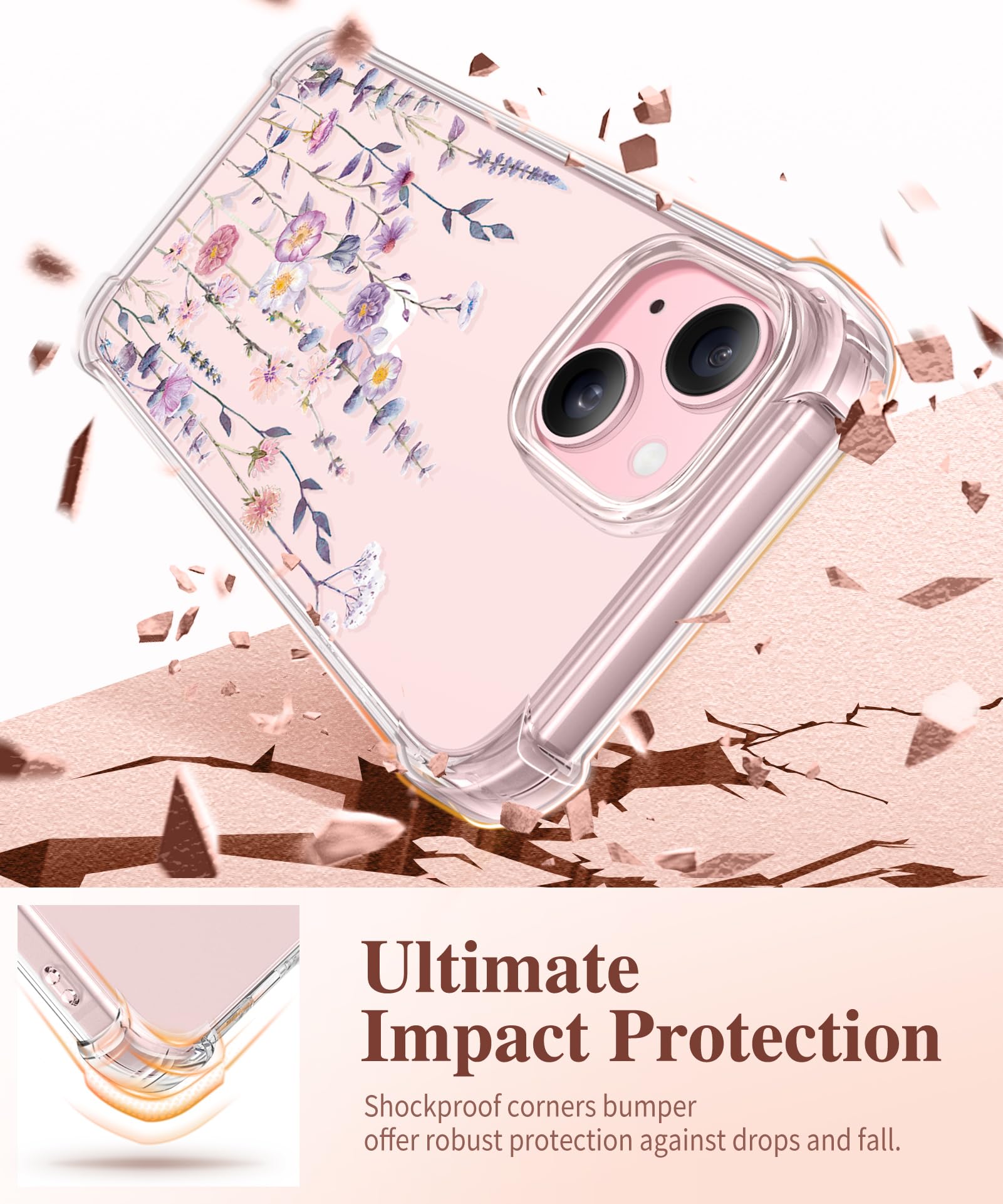 GVIEWIN for iPhone 15 Case, [3 in 1] with Screen Protector & Camera Lens Protector, Clear Soft Shockproof Slim Fit Floral Phone Cover for Women Girls 2023 6.1