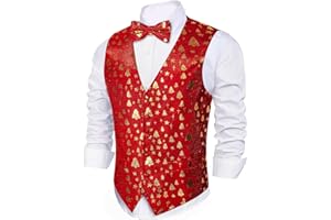 BARRY.WANG Barry. Wang Mens Christmas Vest with Snow/Snowman/Christmas Tree Red/Green Holiday Waistcoat Bowtie Set Party Halloween
