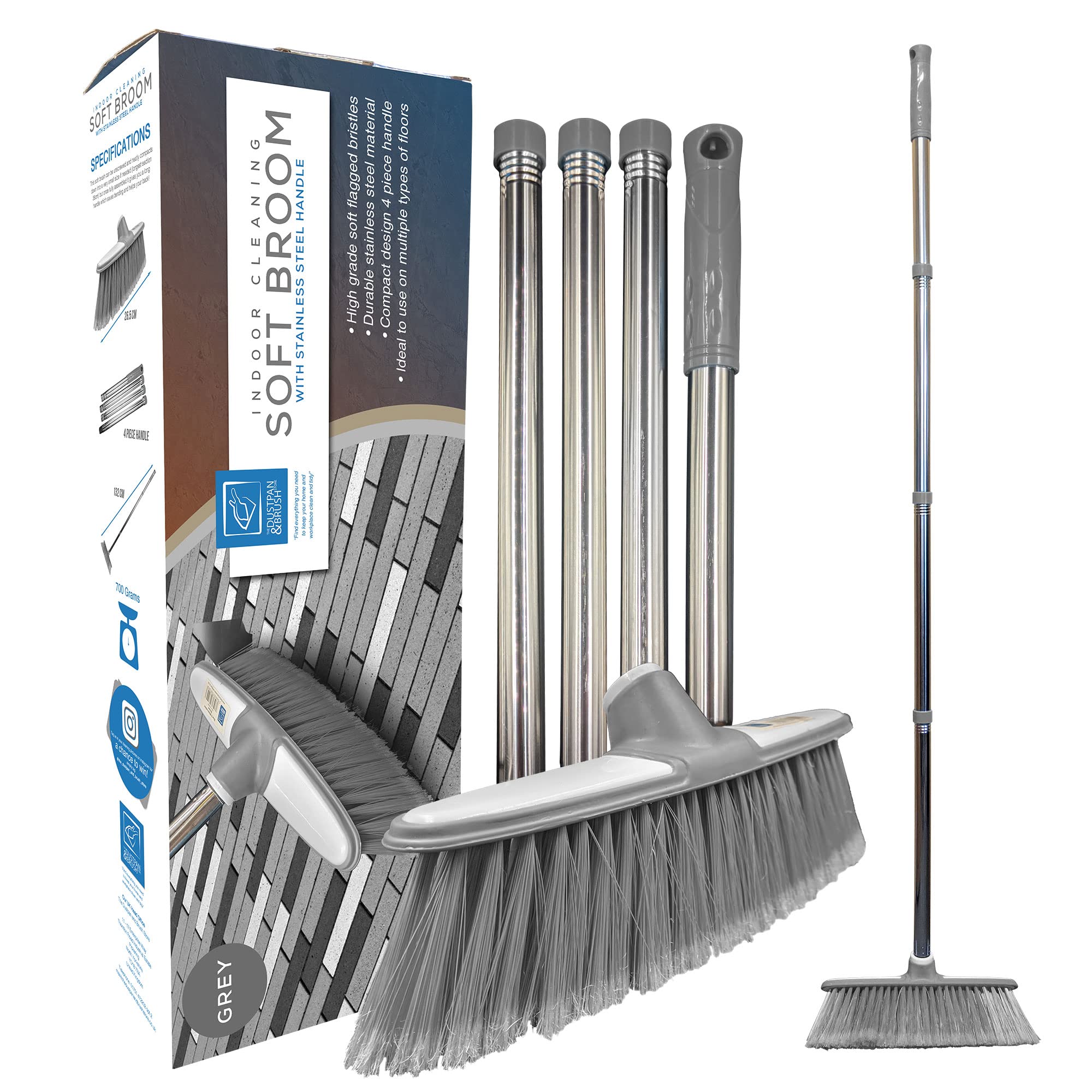 Soft Broom Indoor Sweeping Broom Brush with Stainless Steel Handle - The Perfect Indoor Sweeping Kitchen Floor for Your House The Long Handled Brush Sweeper (Grey/Silver)