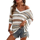 Rapbin Women's Crochet V Neck Beach Cover Up 3/4 Sleeve Hollow Out Knitted Pullover Sweater
