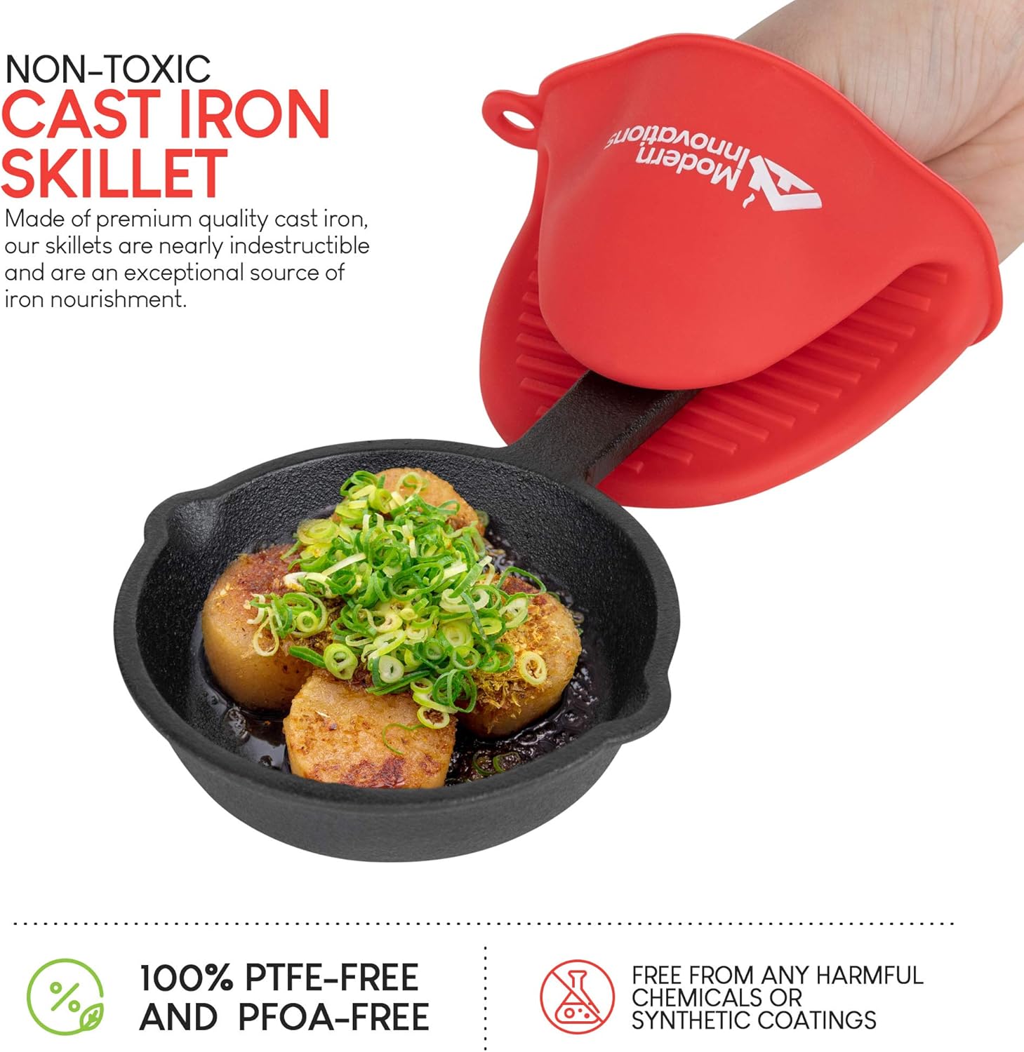 Modern Innovations Mini Cast Iron Skillet with Silicone Mitt (4 Count) - 3.5 Inch Mini Cast Iron Skillet - Pre Seasoned Small Cast Iron Skillet Set - Mini Cast Iron Skillets for Baked Cookie/Brownie: Kitchen & Dining
