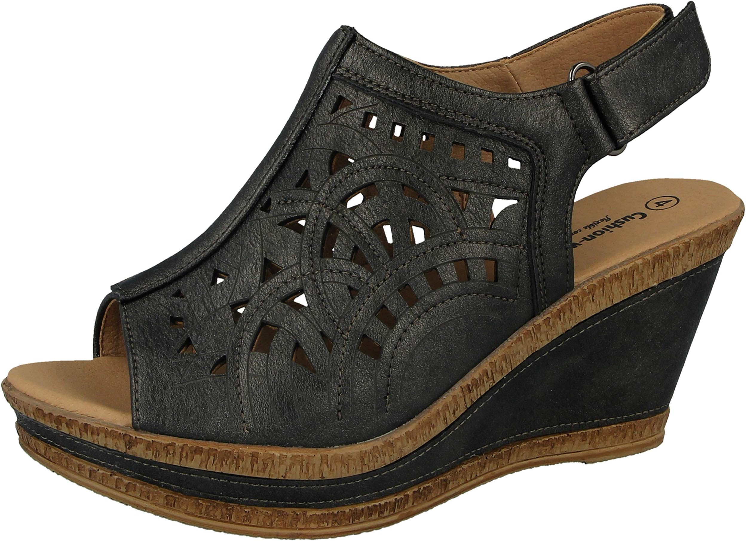 Ladies Cushion Walk Wide E Fit Leather Lined Wedge Peep Toe Strappy Summer Sandal Size 3-8