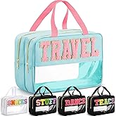 Pinkunn Large Travel Bag with Handle Double Zippered Chenille Letter Bag White Extra Large Clear Travel Pouch Waterproof Nylon Makeup Cosmetic Bag for Women Girls Toiletry Supplies