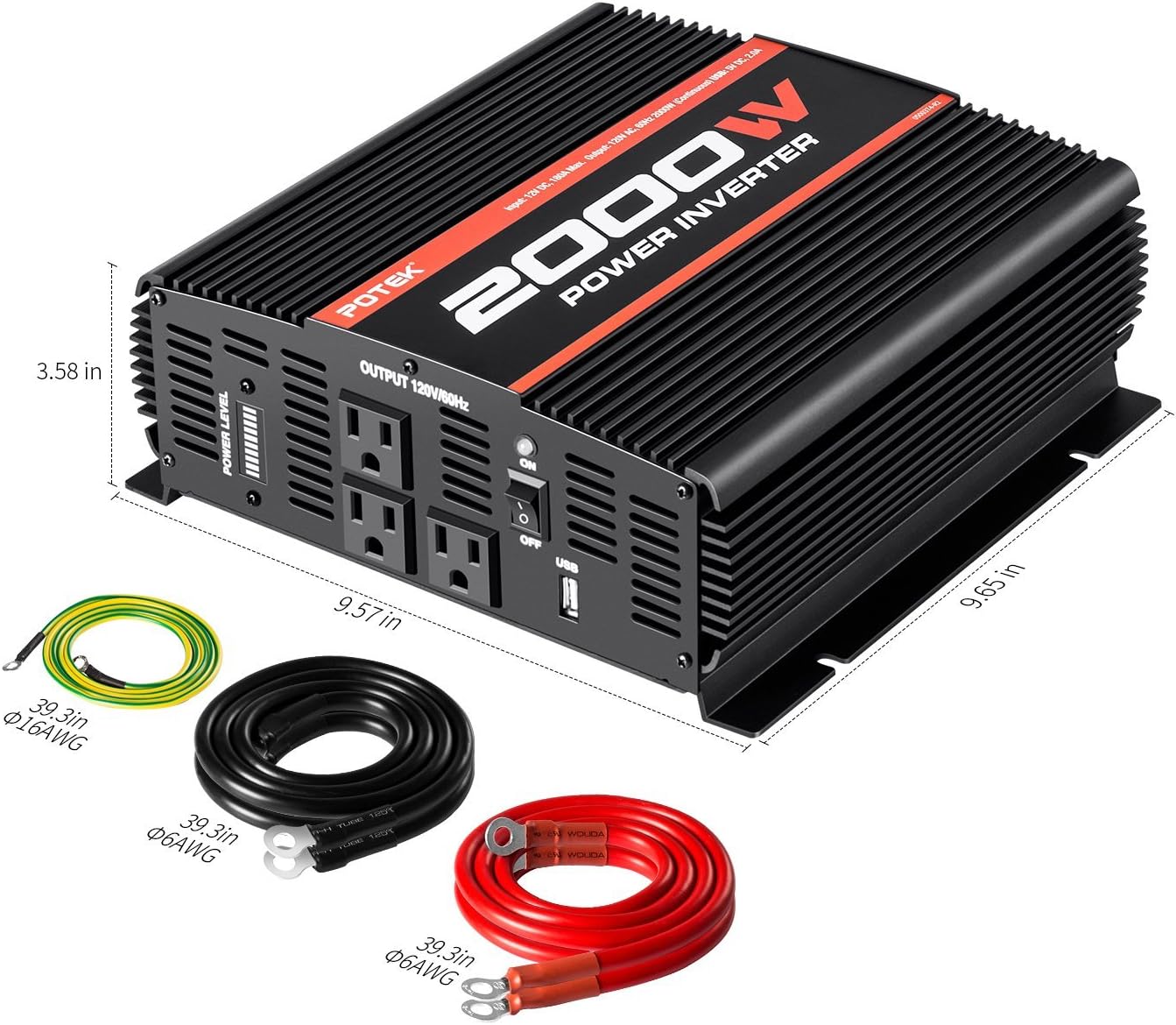 POTEK 2000W Power Inverter Three AC Outlets 12V DC to 110V AC Car Inverter with USB Port: Automotive
