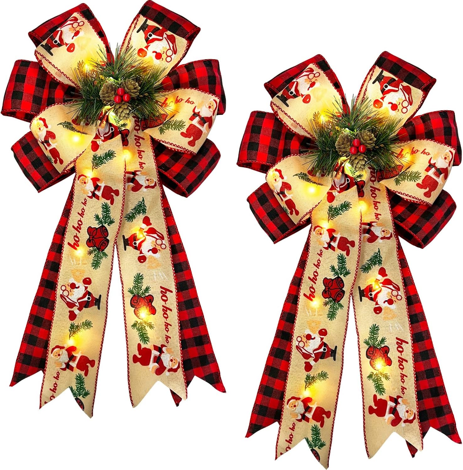 Bows & Ribbons - 2 Pcs Prelit Christmas Bows Decor with 20 Lights, Santa Bells Black Red Buffalo Plaid Xmas Bows 20