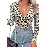 SAUNGKUAI Women's Plunge Deep V Neck Long Sleeve Bodysuit Double Lined Thong Body Suit Shirt Tops