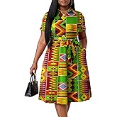 FANDEE Plus Size Dresses, Women Summer Casual V Neck Short Sleeve A-Line Cocktail Shirt Midi Dress with Belt and Pockets
