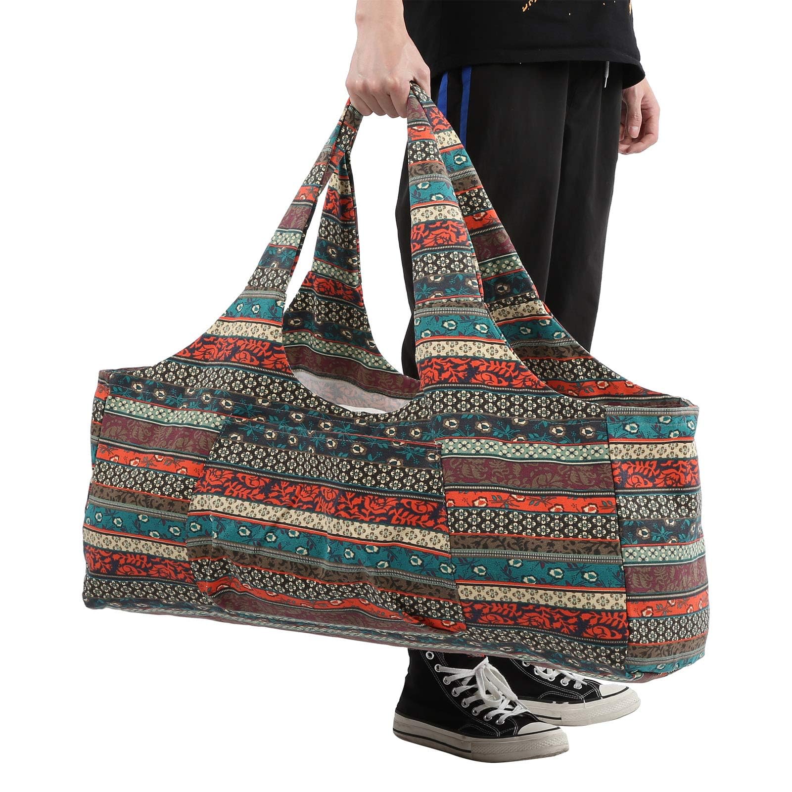 Cyrank Oversized Yoga Mat Bag, Ethnic Style Yoga Mat Tote Breathable Canvas Yoga Mat Sling Carrier with Front Pocket Yoga Mat Carrier Yoga Mat Carry Bag Travel Yoga Gym Bag Pilates Bag for Women Men