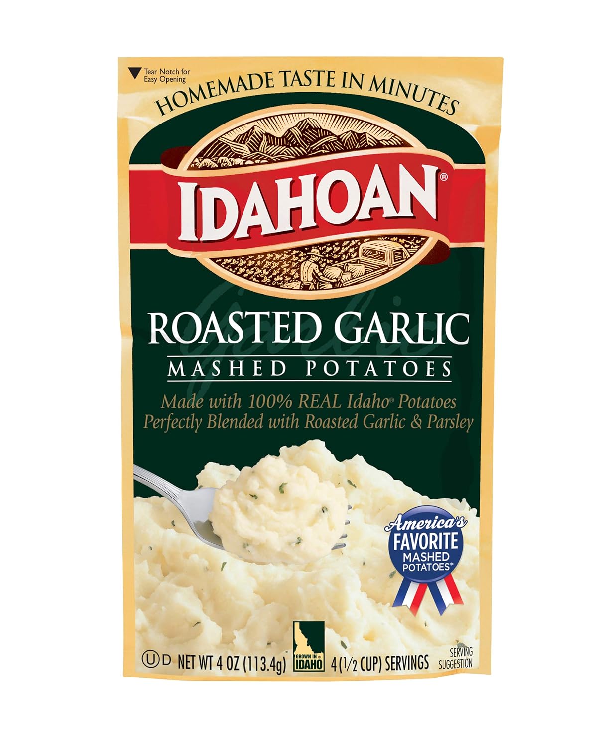 Idahoan Roasted Garlic Mashed Potatoes, Made with Gluten-Free 100% Real Idaho Potatoes, 12 (4 Servings) Pouches