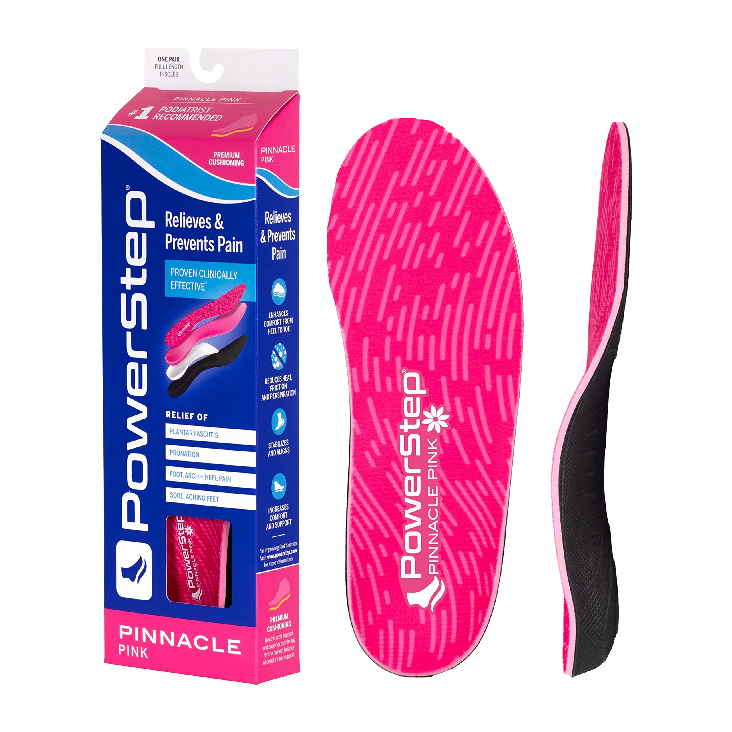 PowerStep Pinnacle Pink Orthotics for Women - Arch Support Inserts for Plantar Fasciitis Relief- Made in USA- Maximum Cushioning Arch Support, Deep Heel Cup for Pronation (W 8-8.5, M 6-6.5)