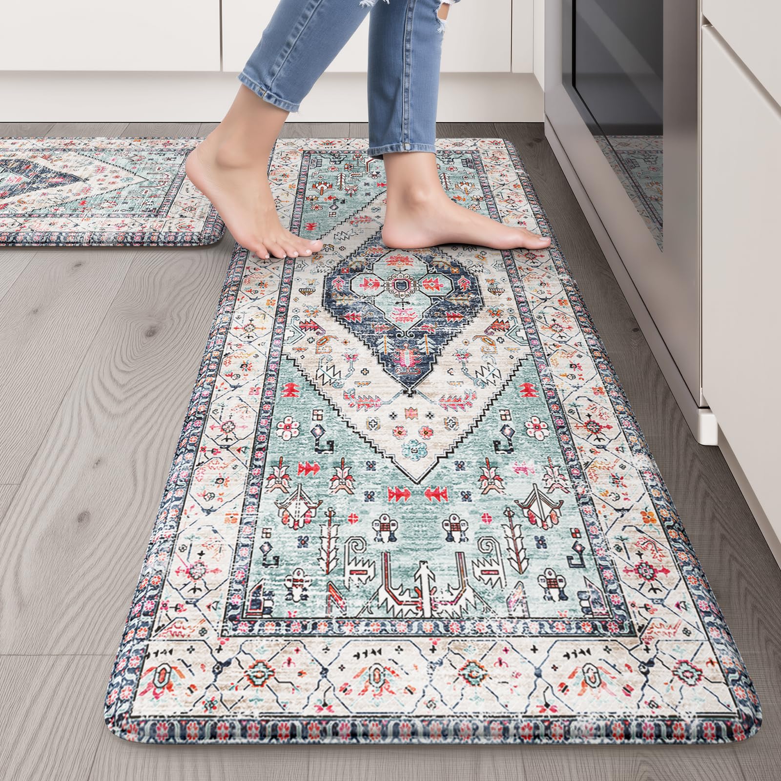 Photo 1 of Sungea Anti Fatigue Mats for Kitchen Floor Set of 2, Waterproof Non-Skip Kitchen Rugs,Ergonomic Kitchen Floor Mats Cushioned,Comfort Foam Standing Mat for Office,Laundry Room,Sink,Counter, Desk(Blue)