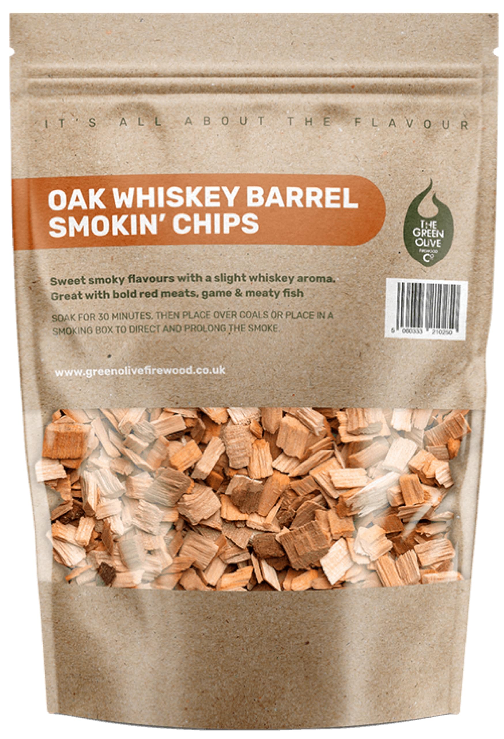 Green Olive Firewood Company - Whiskey Oak Wood Chips for smoking, 3L (approx 650g) BBQ Wood Chips For Charcoal, Gas BBQ's, Smokers, Smoking Wood Chips For Smoking Beef, Lamb Meat, Fish, Vegetables