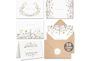 AUDREE Pack 50 Floral Thank You Cards With Envelopes (4"x6") - Wildflower Thank You Cards With Adhesive Envelopes & Matching Stickers for Wedding, Bridal Showers, Baby Showers