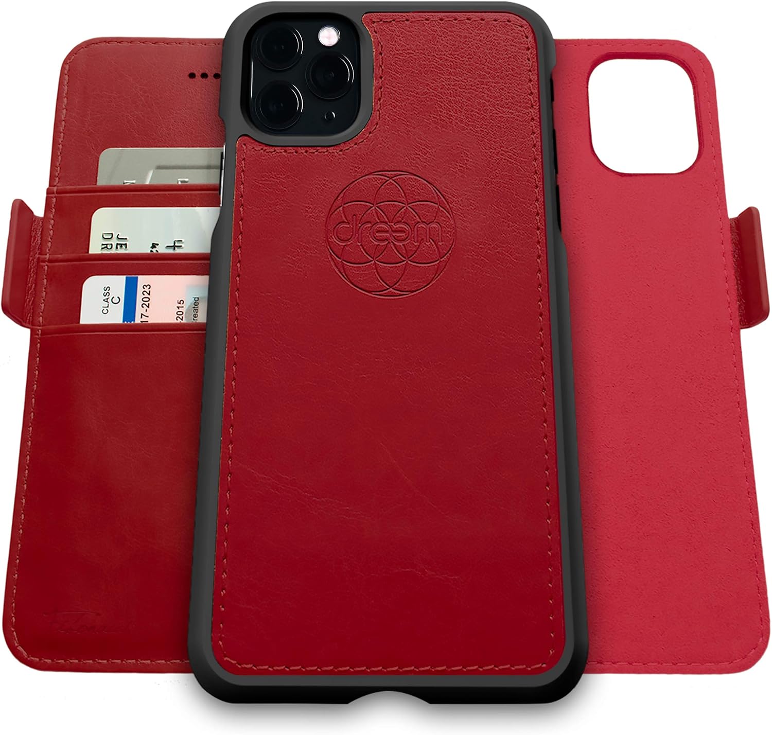 dreem Fibonacci 2-in-1 Wallet-Case for Apple iPhone 11 Pro - Luxury Vegan Leather, Magnetic Detachable Shockproof Phone Case, RFID Card Protection, 2-Way Flip Stand - Red